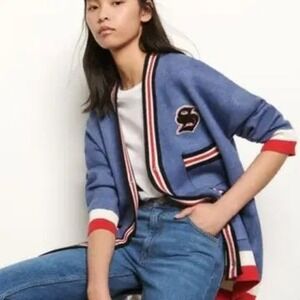 Sandro Blue Varsity Striped Oversized Knit Cardigan Sweater Sz S Preppy Academia